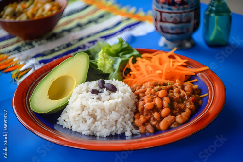 Costa Rican dish casado with rice and beans photo
