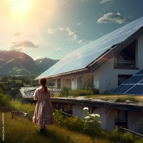 Little girl infront of a house with solar panels