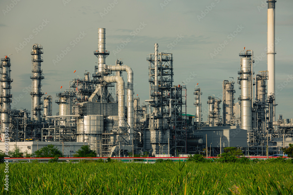 Scene evening of tank oil refinery plant tower and column tank oil