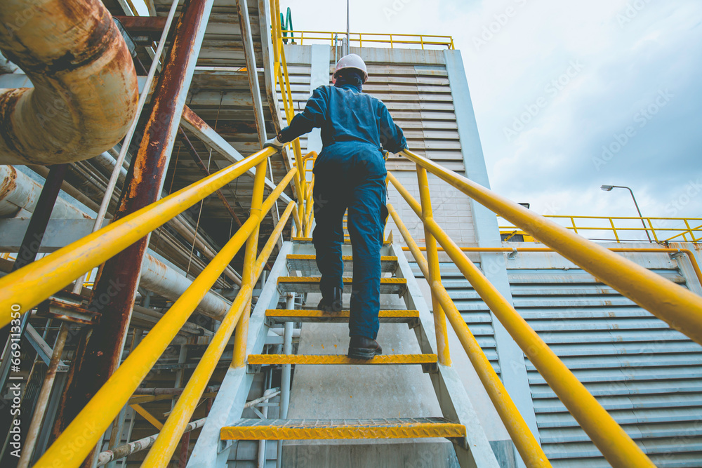 Male walking up the stairway inspection Male walking up the stairway inspection