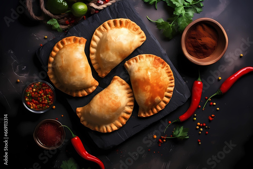 Colombian empanadas with hot chili and greens on a black background