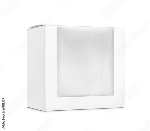 Universal mockup of blank cardboard box with transparent window. Vector illustration isolated on white background, ready and simple to use for your design. EPS10. 