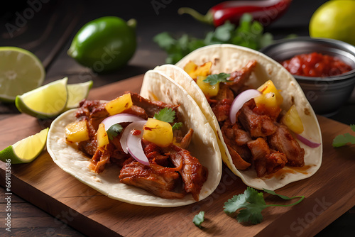 Al pastor pork tacos with pineapple and lime on the board