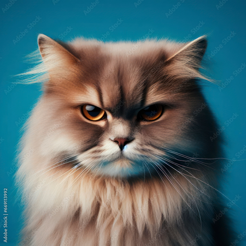 portrait of an angry cat on blue background. ai generative