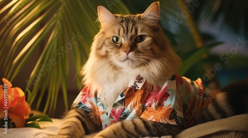 Adorable Cat in Colorful Hawaiian Shirt Enjoying a Tropical Vibe
