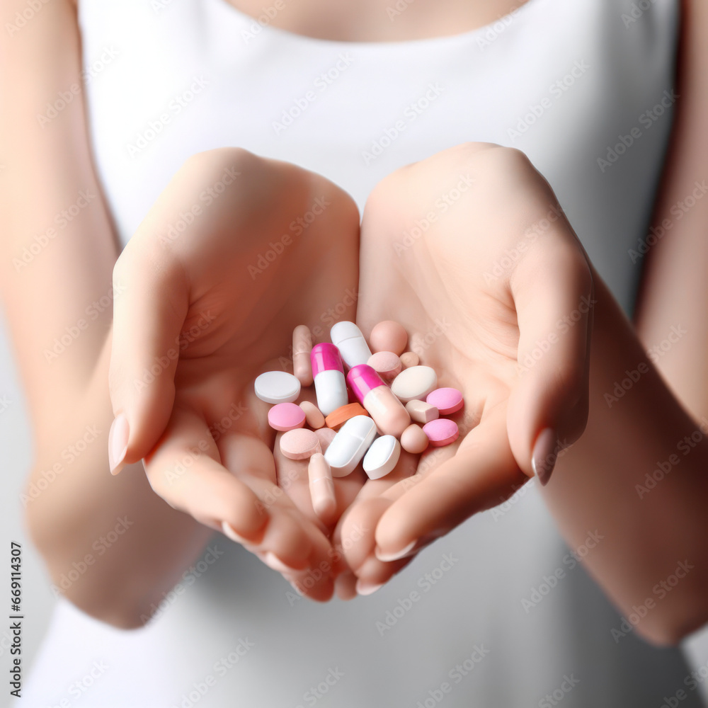 female hands with pills on white background. ai generative female hands with pills on white background. ai generative