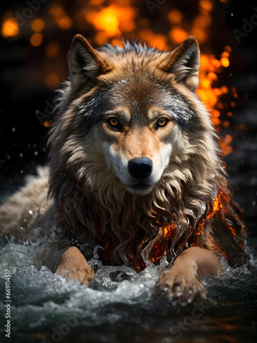 wolf formed from the merging elements of water and fire. Capture the powerful essence  blending the fluidity of water and the intensity of fire  wolf in the water 