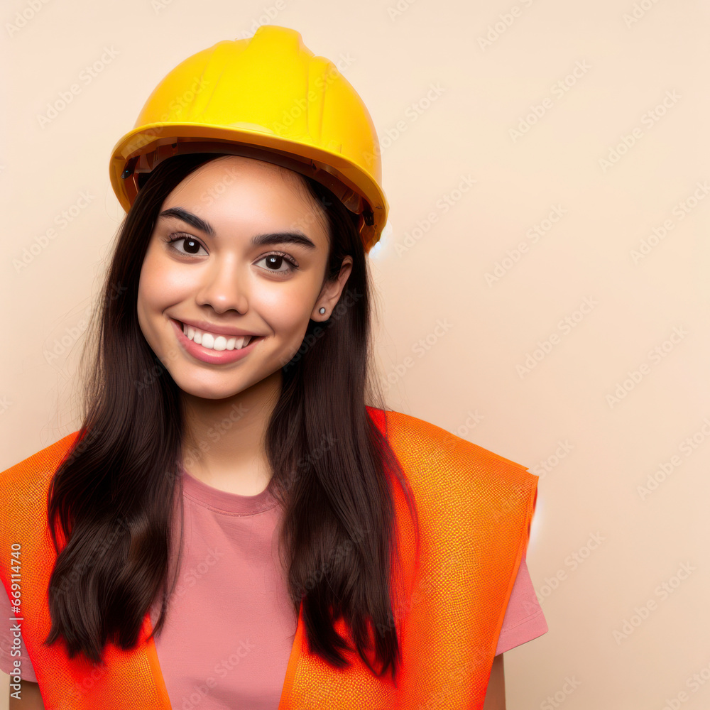 Smiling Cute Girl construction worker look. ai generative Smiling Cute Girl construction worker look. ai generative