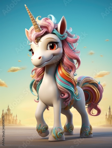 A cartoon character design of a magical unicorn with a rainbow-colored mane and tail, and a golden horn. AI Generative