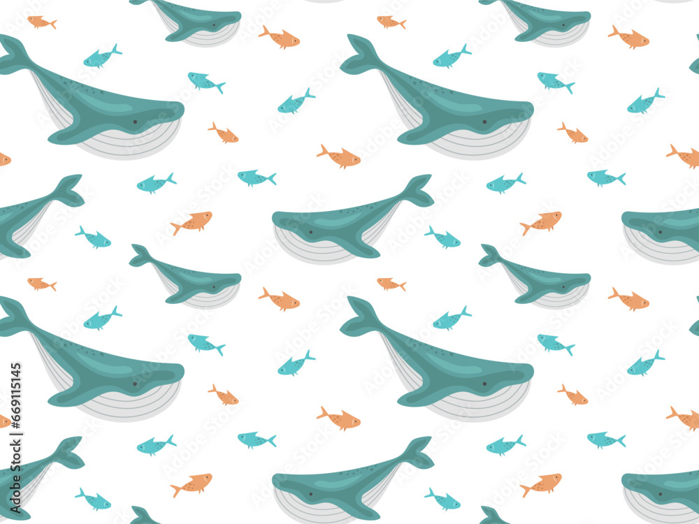 Seamless pattern with whales and small colored fish. Use for textiles, prints, wallpapers, vector illustrations. Seamless pattern with whales and small colored fish. Use for textiles, prints, wallpapers, vector illustrations.