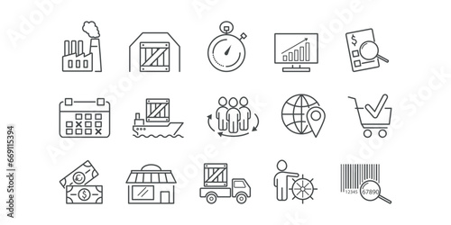 Supply chain management line icon set. Factory, warehouse, stopwatch, chart, analyze, calendar, team, barcode, store, money vector illustration. Editable stroke. Outline sings.