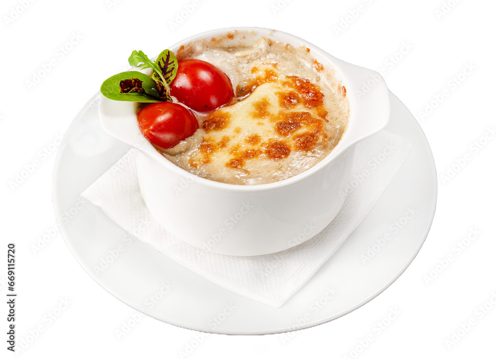 Julienne with champignons and squid. Isolated dish for menu. Julienne with champignons and squid. Isolated dish for menu.