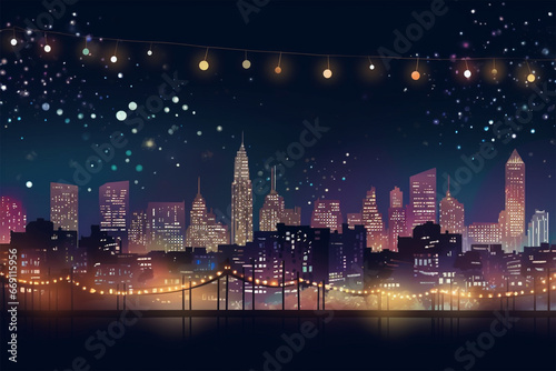 a city at night decorated with many things