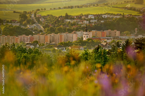 Tranquil view of town Myjava, rural landscape with the flecks of blooming flowers in the foreground - Slovakia, Europe - Image