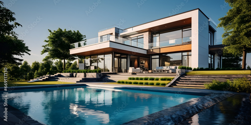  3d rendering of modern home with pool,Modern House exterior design ,Suburban House 