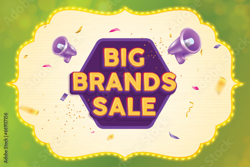 Ethnic shape marquee light with Big Brands Sale text logo on green background. Big Brands Sale banner concept.