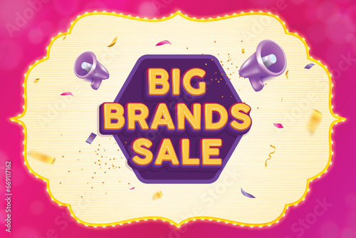 Ethnic shape marquee light with Big Brands Sale text logo on pink background. Big Brands Sale banner concept.
