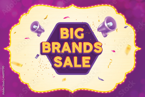 Ethnic shape marquee light with Big Brands Sale text logo on purple or violet background. Big Brands Sale banner concept.