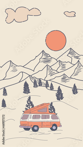  van traveling in the adventure graphic illustration and camping tent