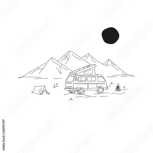  van traveling in the adventure graphic illustration and camping tent