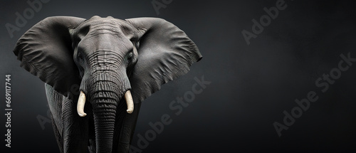 Front view of a elephant on black background. Wild animals banner with empty copy space