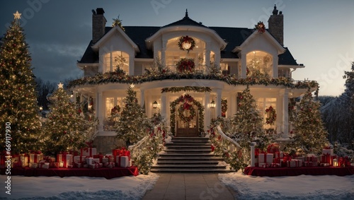 A luxurious home decked out in Christmas decorations that evoke a sense of wonder and enchantment 