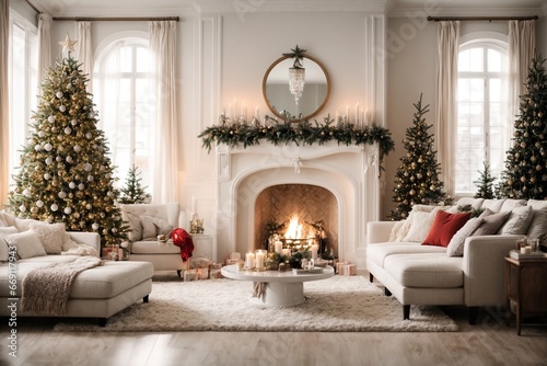 interior of stylish white living room with lovely fireplace, Christmas tree, and holiday décor