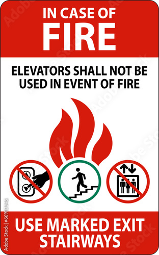 In Case Of Fire Sign: Elevators Shall Not Be Used In Event Of Fire, Use Marked Exit Stairways