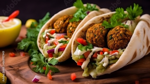 Authentic fresh falafel balls inside of two halves of pita bread sandwich with chopped salad, red hot peppers, lemon, a drizzle of tahini sauce. chickpea falafel in a fluffy pita on a wooden board photo