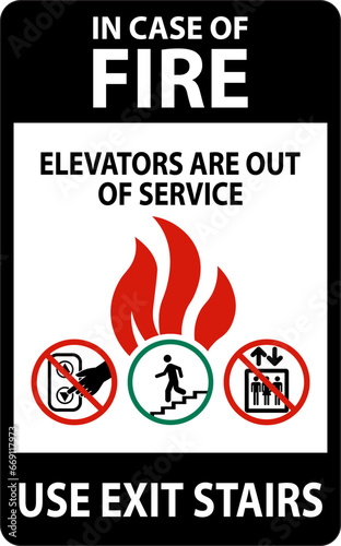 In Case Of Fire Sign Elevators Are Out of Service, Use Exit Stairs