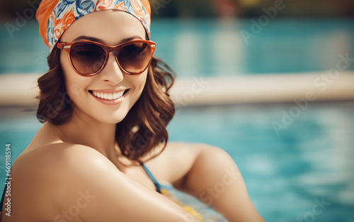 Closeup on a smiling woman wearing a swimsuit, with a bathing cap and glasses, next to a swimming pool © julien.habis