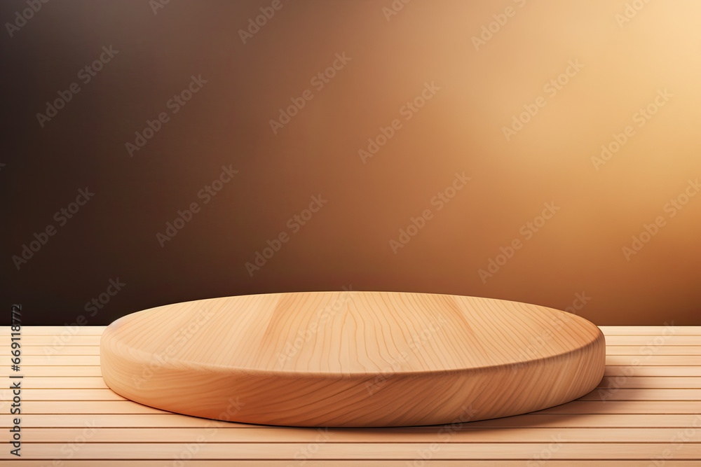 empty wooden round on table and bright brown wall background. presentation or displaying product empty wooden round on table and bright brown wall background. presentation or displaying product