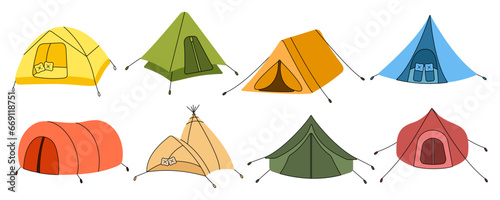 Camping  tourist  military tent for expedition in a set in doodle style. Summer camp  outdoor recreation  picnic  camping equipment  tourism. Vector illustration on a white background.