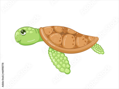 Sea turtle on a white background. Cute turtle cartoon. Vector illustration of sea animal. Sea world, sea life. Underwater world in cartoon style for badge, mascot, sticker on seafood theme.