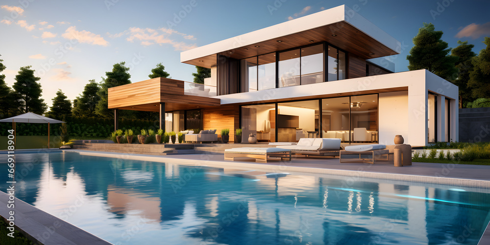 A house with a pool and a house in the background,Modern House Swimming Pool Night Illustrations ,Modern house design project with original style and lawn