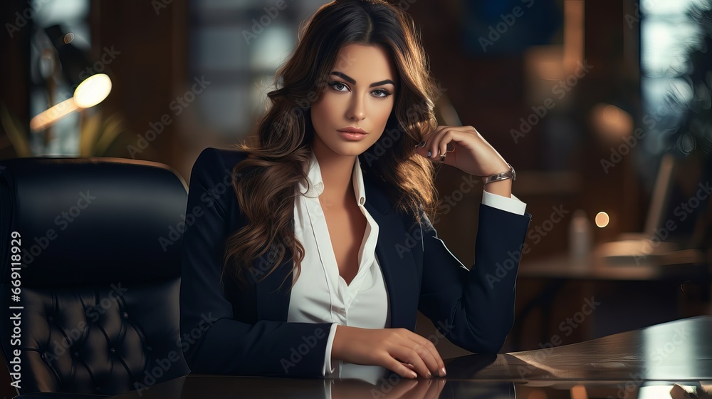 Beautiful young woman in business suit sitting at desk