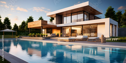 A house with a pool and a house in the background,Modern House Swimming Pool Night Illustrations ,Modern house design project with original style and lawn © Imran