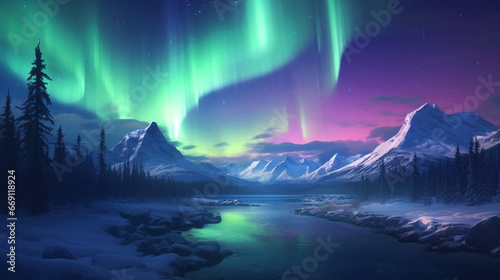 Northern Lights or aurora borealis, mountain landscape. Winter mood. Banner.