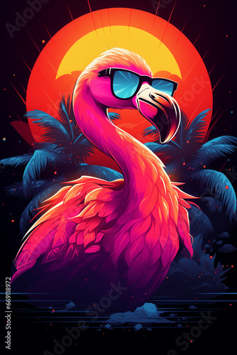 cooler crazy Flamingo Vogel mit Sonnenbrille in Partystimmung mit guter Laune. Hochkant. Hochformat. Generative Ai. photo