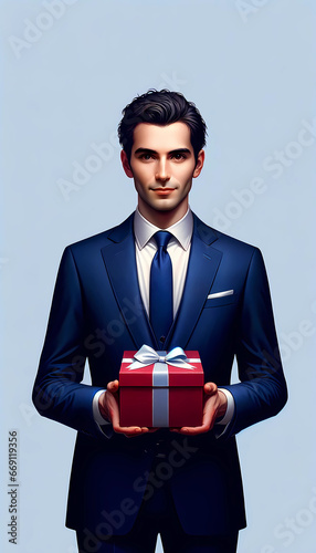 Generative Ai. Elegant man in a sharp suit presenting a wrapped gift, radiating charisma and sophistication
