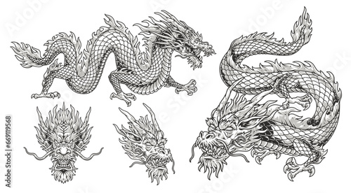 Chinese dragons monochrome set logotypes