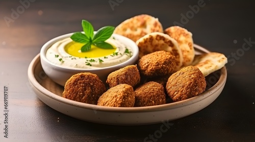 Bowl of fried falafel and hummus dip. Middle Eastern cuisine snack. Close-up view, side view