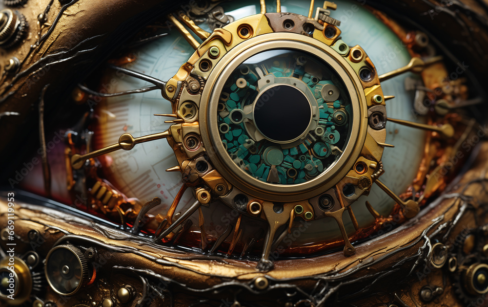 Obraz premium Fictional figure of one eye with ocular implant in steampunk style. Close up position.