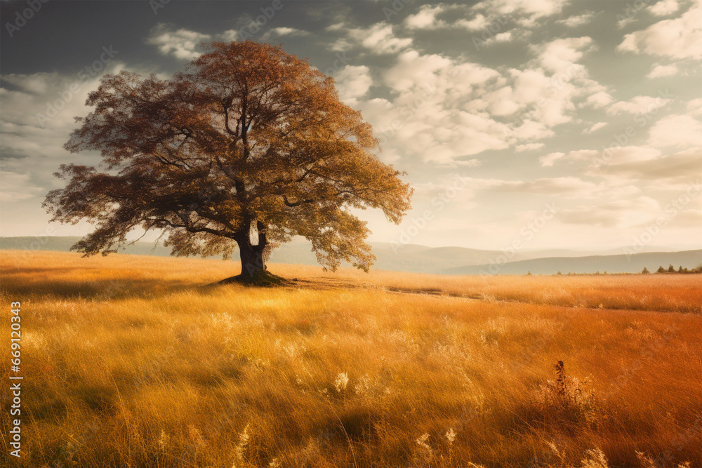 a tree in a meadow with a clear sky