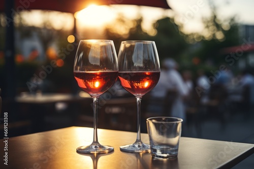The beauty of a photograph featuring two glasses of wine served in the evening generative ai