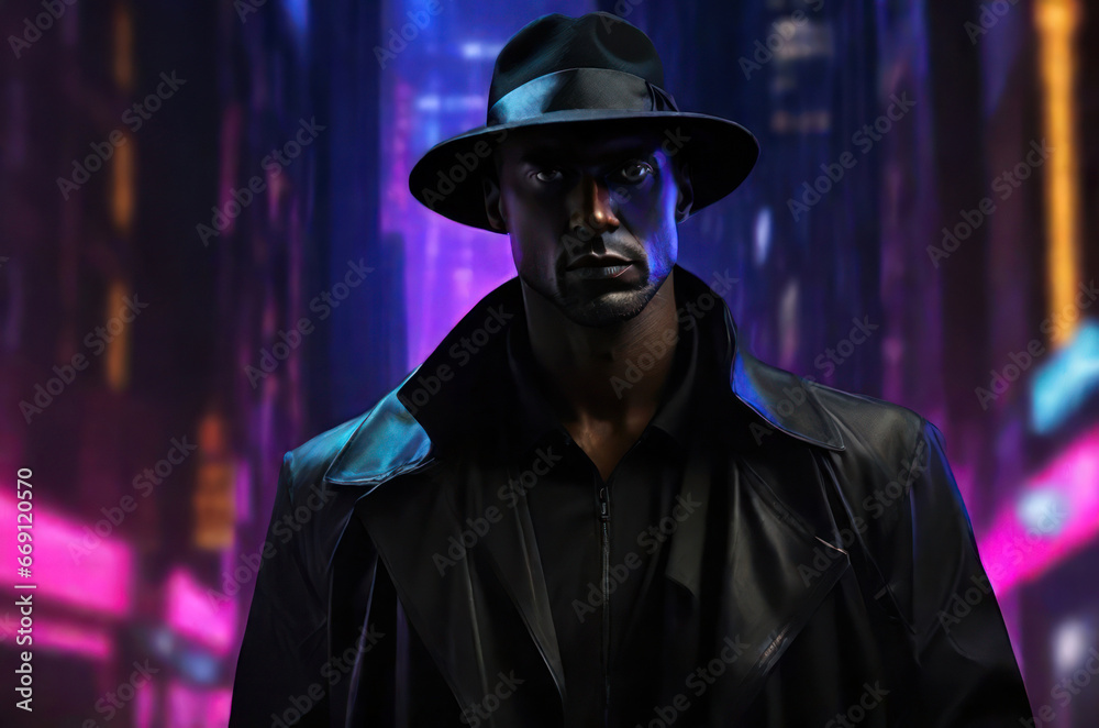 A black person in a black detective suit in a nighttime metaverse.
