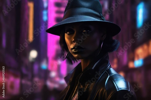 A black person in a black detective suit in a nighttime metaverse.