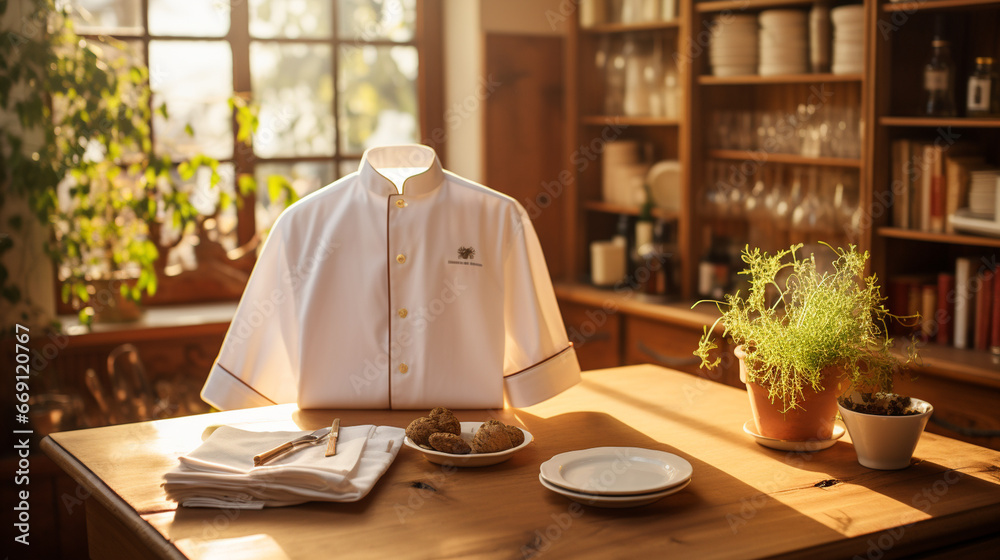 A chef's uniform in the early morning light, symbolizing the start of a new day filled with possibilities and flavors to be explored in the kitchen - obrazy, fototapety, plakaty 