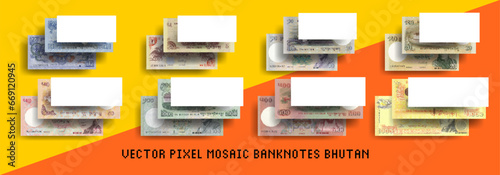 Vector set of pixel mosaic banknotes of Bhutan. Collection of bills in denominations of 1, 5, 10, 20, 50, 100, 500 and 1000 ngultrum. Play money or flyers.