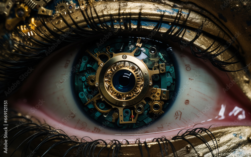 Fictional figure of one eye with ocular implant in steampunk style. Close up position.